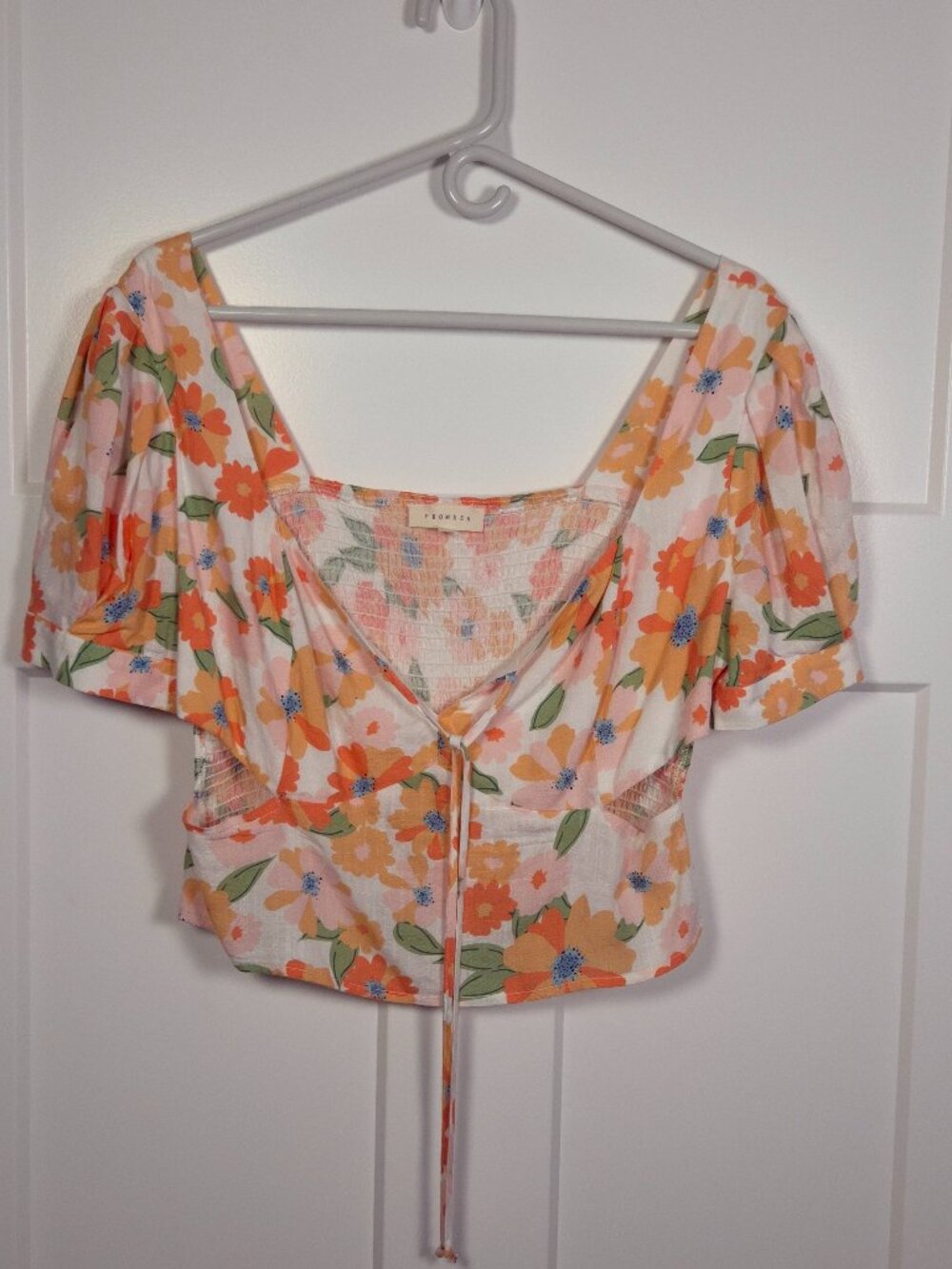 Promesa Crop Top Womens Size L Floral Sweetheart Orange & Pink Puff Sleeve